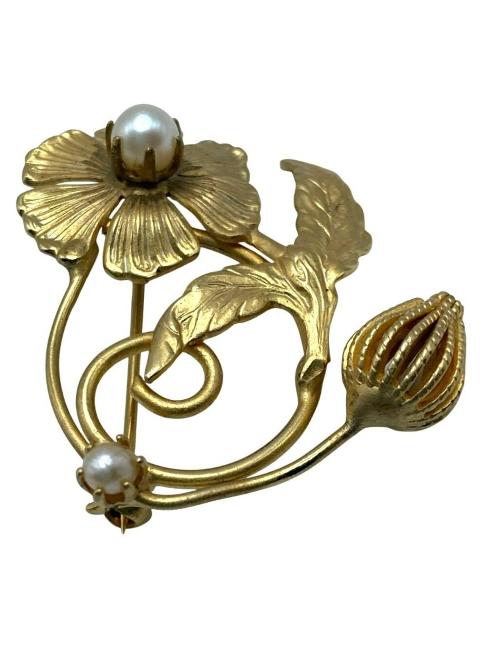 Flower Floral Brooch Faux Pearl Accents Mid Century Modern MCM Gold Tone Brass - Picture 5 of 8